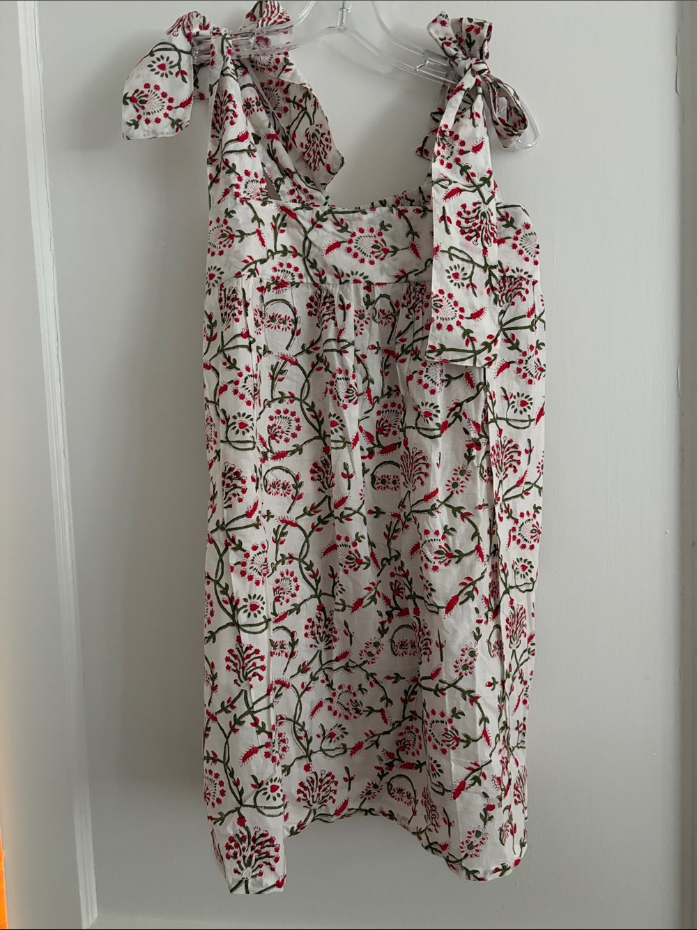 Mini Tie-Shoulder Sundress in White with Red & Green Floral Print